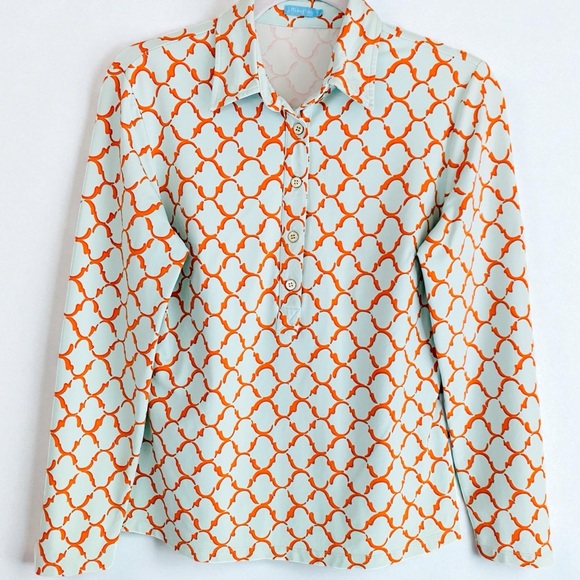 J. McLaughlin Tops - J. McLaughlin Mint Green & Orange Geo Print Stretch Knit  Long Sleeve Size Small